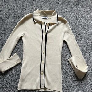 Mango Cream Polo Cardigan with Black Trim